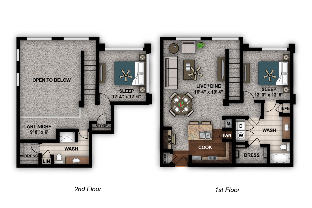Floor plan for 2 beds, 2 baths, 1410 sqft